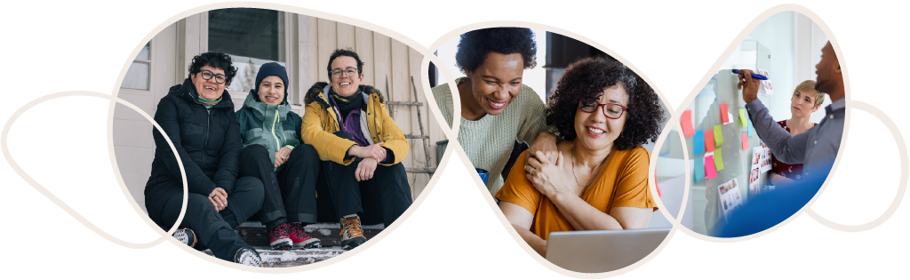 Connected images of a family sitting on a snowy porch, two women looking at a laptop, and two professionals working at a whiteboard.