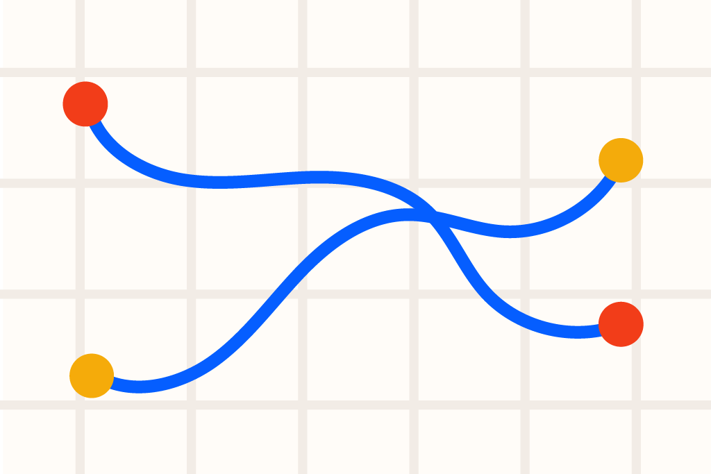 An illustration representing two lines crossing with end point destinations.