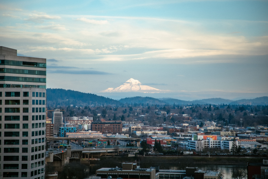 Landscape of Portland, OR, with Mount Hood in the background.