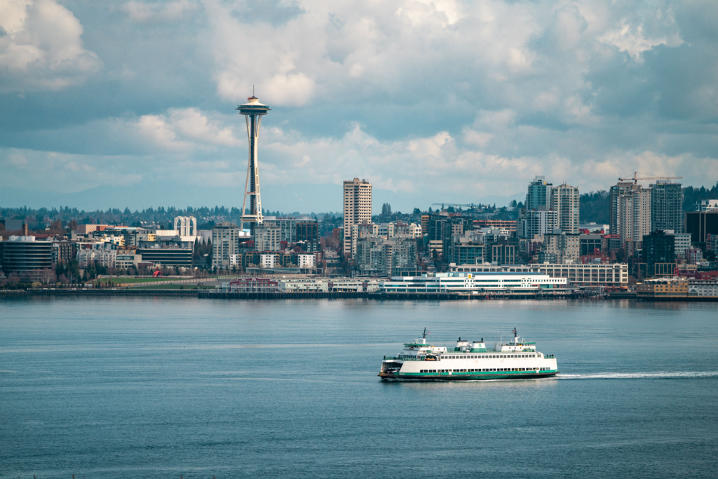 The Puget Sound with ferry and Seattle skyline.